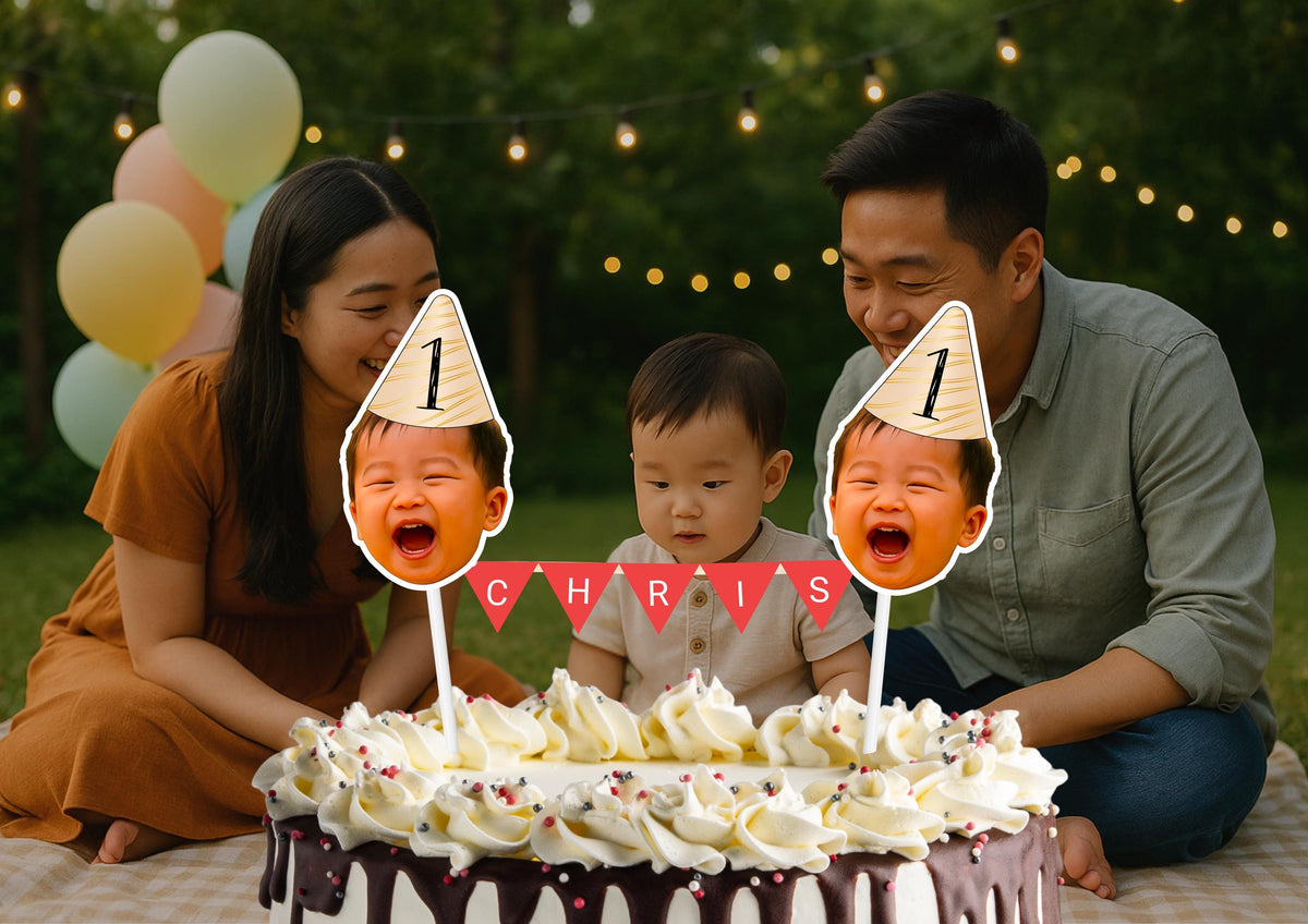 Personalized 1st Birthday Cake Topper: Custom Baby Photo, Name Bunting & Face Decoration Keepsake
