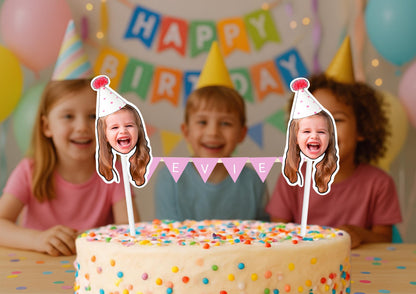 Personalised Kids Birthday Cake Topper | Custom Face & Name Bunting Topper | Fun Children’s Photo Cake Decoration | Colourful Party Decor