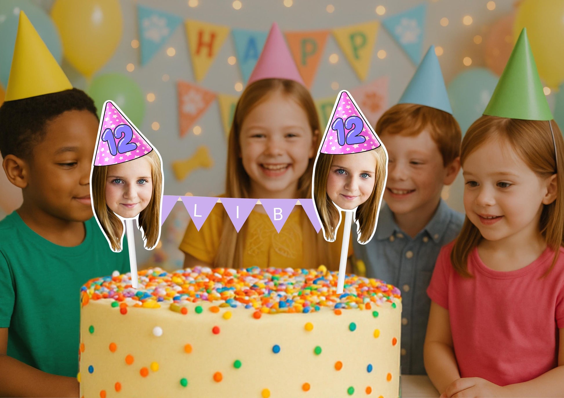 Personalised Kids Birthday Cake Topper | Custom Face & Name Bunting Topper | Fun Children’s Photo Cake Decoration | Colourful Party Decor