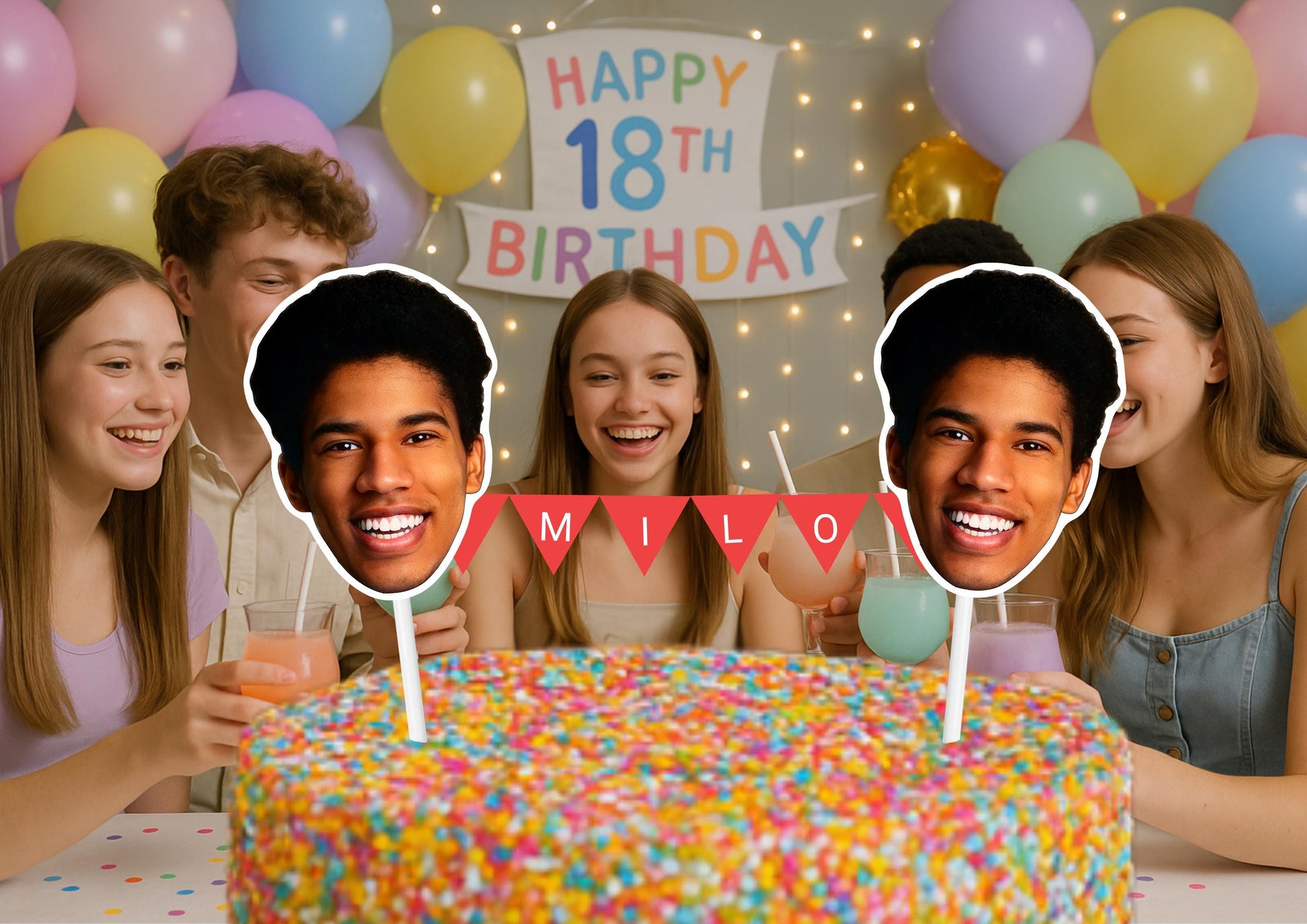 Personalized 18th Birthday Cake Topper: Custom Face & Name Bunting for Milestone Celebration
