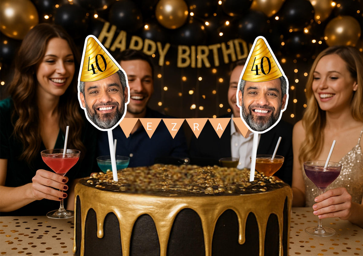 Personalised Milestone Birthday Cake Topper with Custom Face & Name Bunting for 60th 70th 80th 90th 100th Celebrations