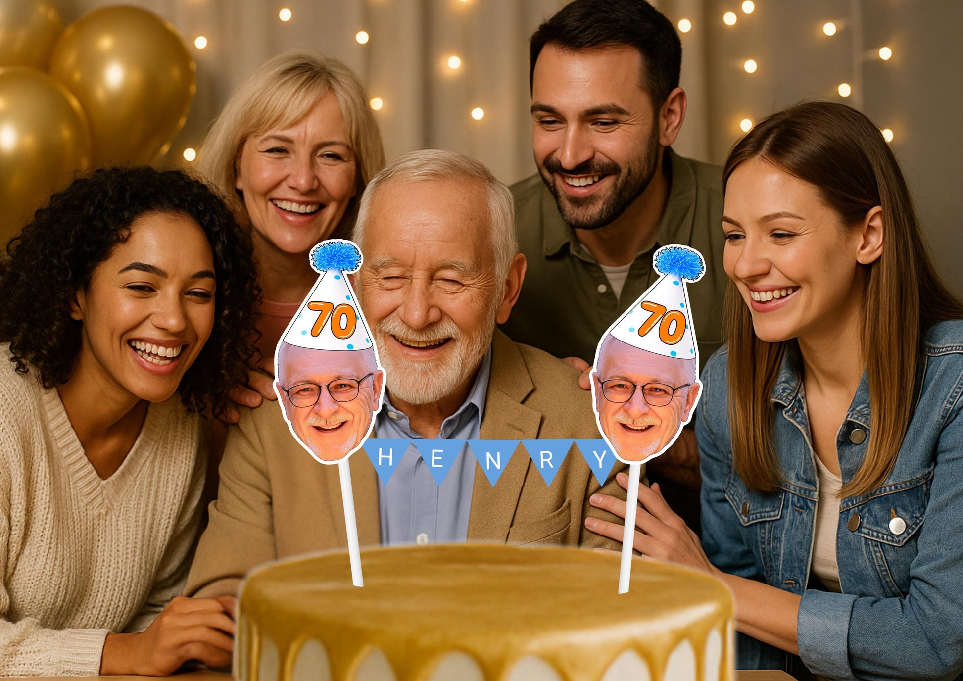 Personalised Milestone Birthday Cake Topper with Custom Face & Name Bunting for 60th 70th 80th 90th 100th Celebrations