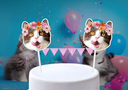 Personalised Pet Birthday Cake Topper: Custom Dog or Cat Face with Name Bunting for Paw-ty Celebration