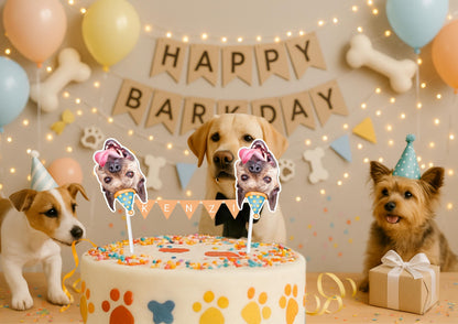 Personalised Pet Birthday Cake Topper: Custom Dog or Cat Face with Name Bunting for Paw-ty Celebration