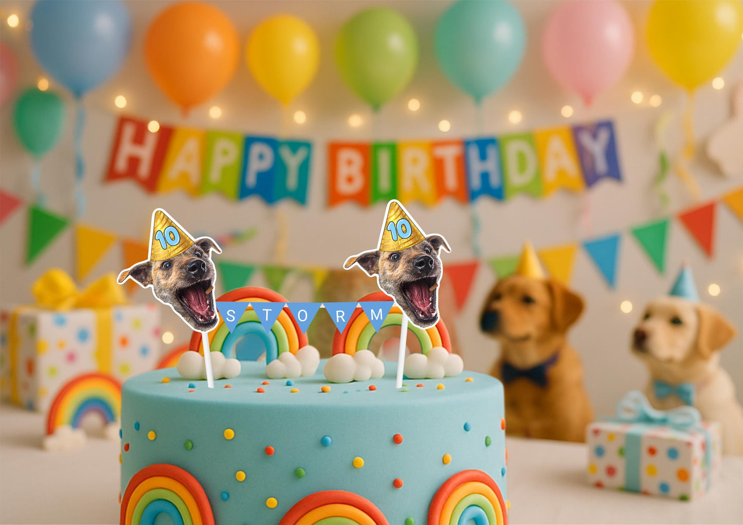 Personalised Pet Birthday Cake Topper: Custom Dog or Cat Face with Name Bunting for Paw-ty Celebration