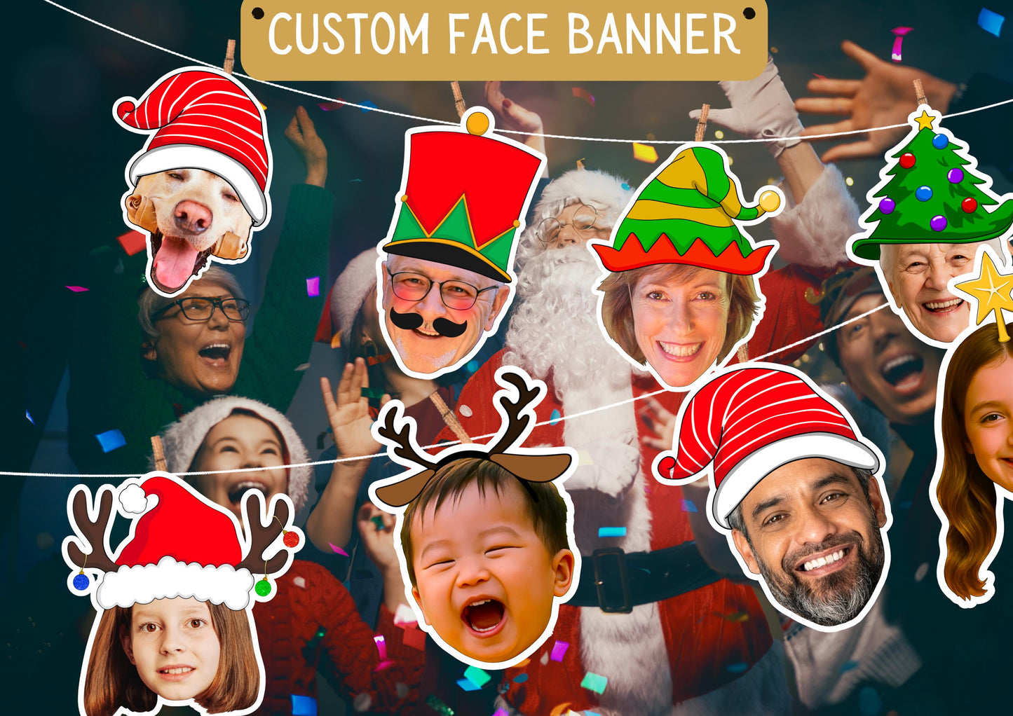 Custom Face Christmas Banner | Personalised Photo Garland | Funny Holiday Party Decoration Bunting
