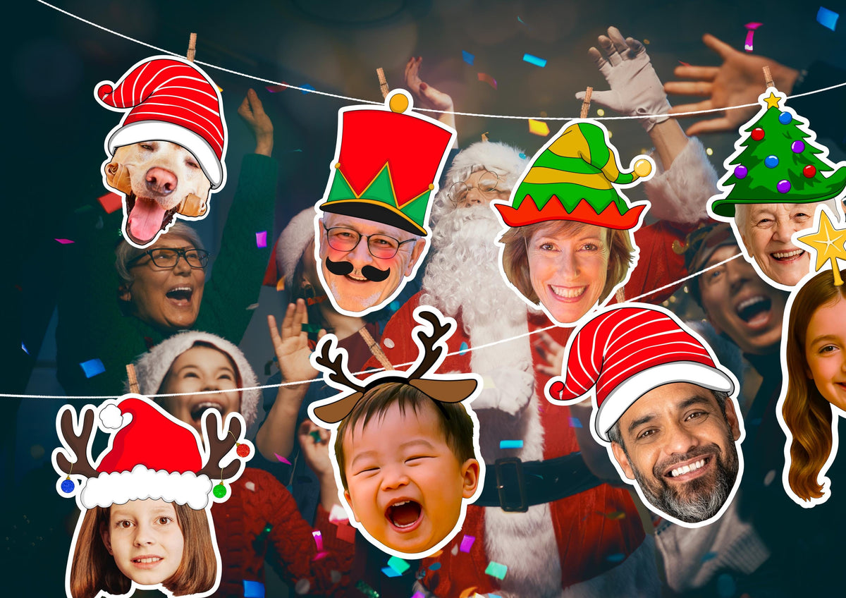 Custom Face Christmas Banner | Personalised Photo Garland | Funny Holiday Party Decoration Bunting