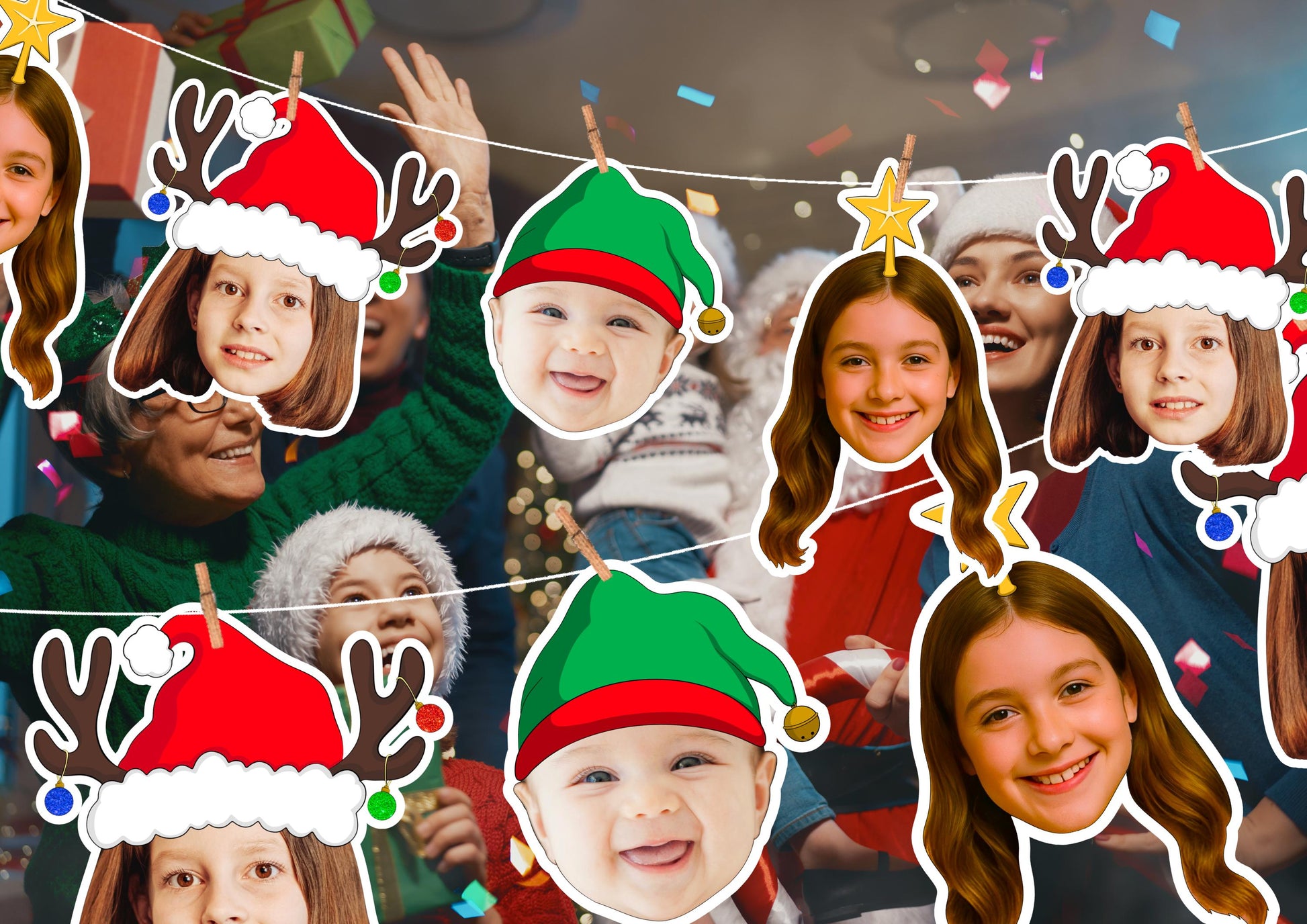 Custom Face Christmas Banner | Personalised Photo Garland | Funny Holiday Party Decoration Bunting