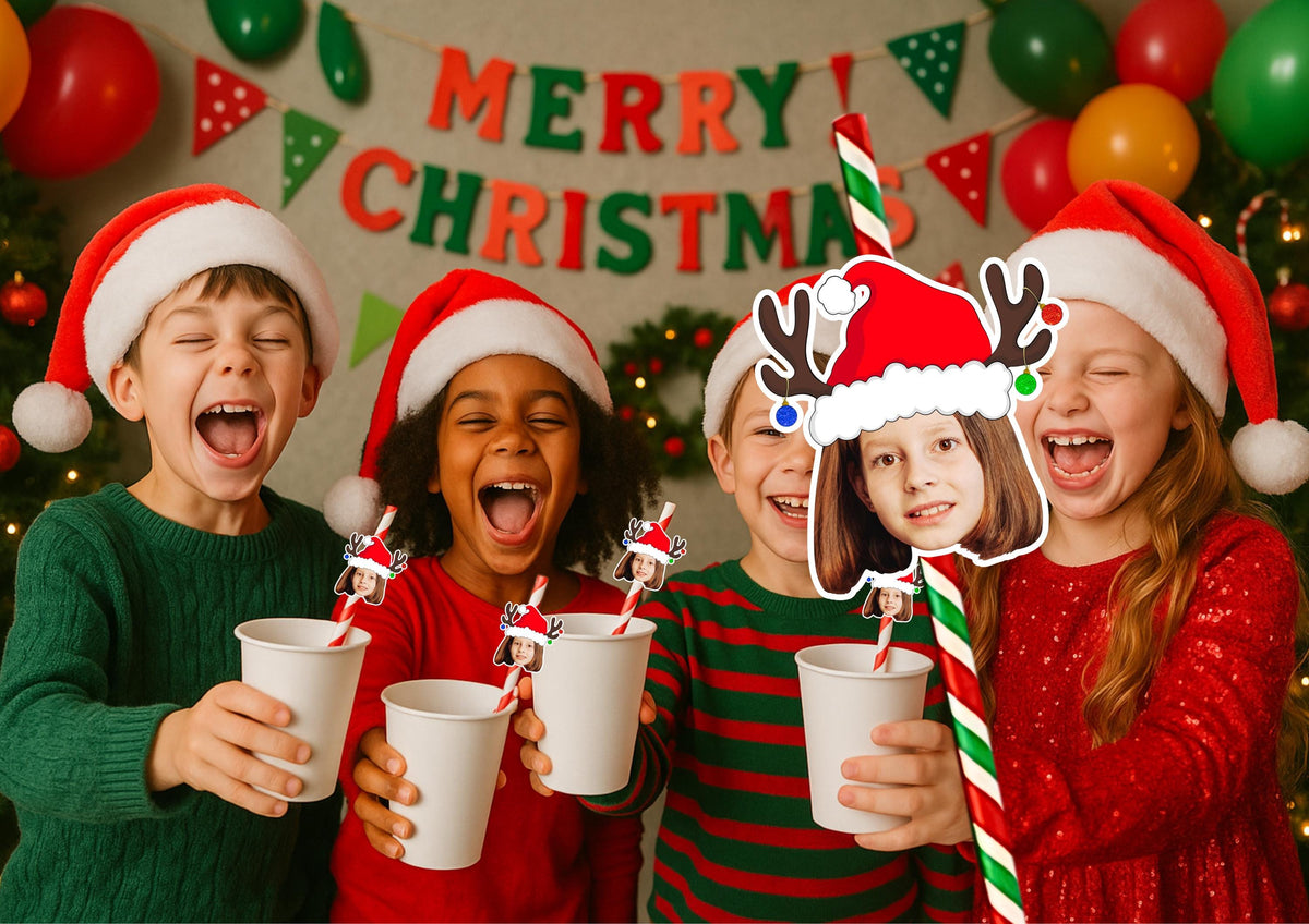 Personalised Christmas Party Straws Custom Face Toppers Festive Drinks Decoration Xmas Holiday Photo Tableware Gift