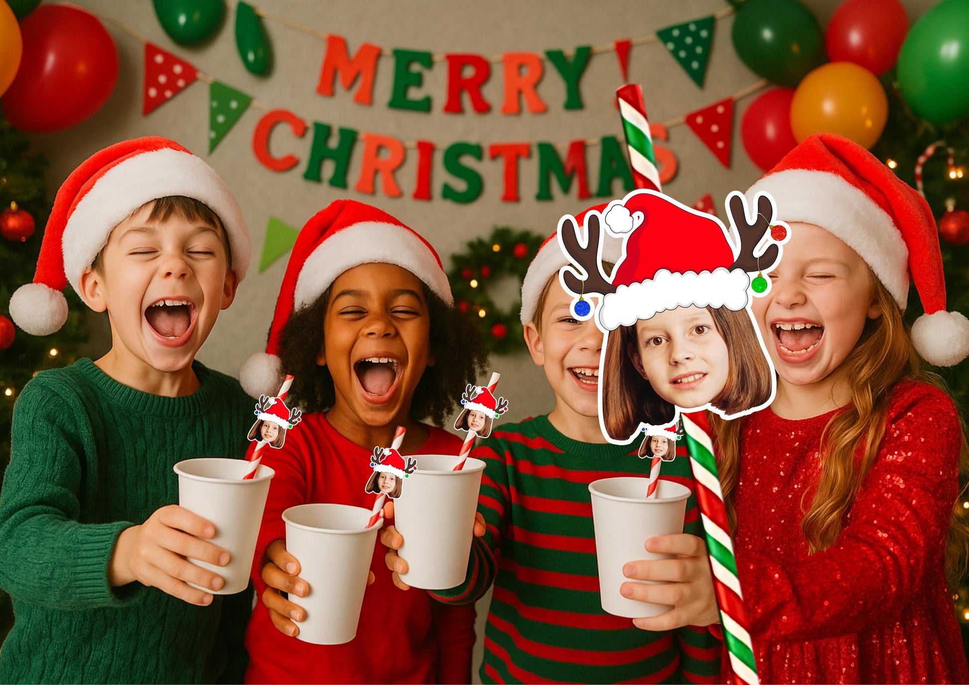 Personalised Christmas Party Straws Custom Face Toppers Festive Drinks Decoration Xmas Holiday Photo Tableware Gift