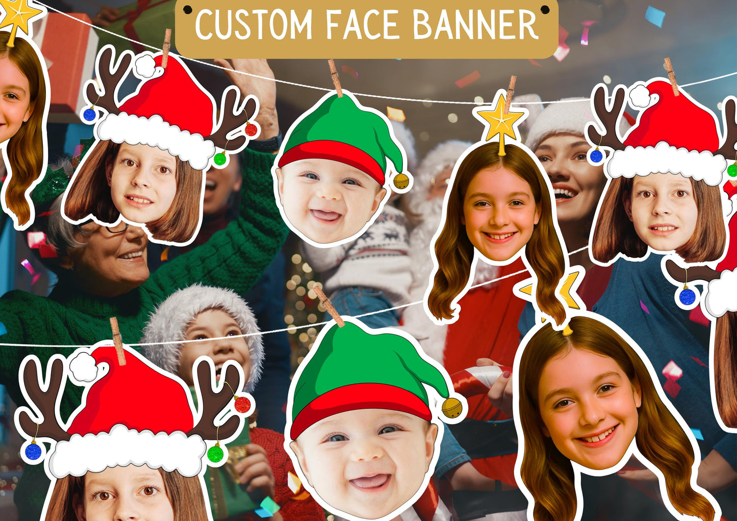 Custom Face Christmas Banner | Personalised Photo Garland | Funny Holiday Party Decoration Bunting