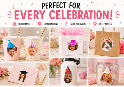 Lifestyle collage showing custom face stickers used for different celebrations. The heading reads "Perfect for Every Celebration!" with occasions including birthdays, graduations, baby showers, and pet parties. The stickers are displayed on party cups, a gift bag, a shopping bag, an envelope, a reusable water bottle, and a sweet jar. Designs feature children, adults, graduates, pets, milestone ages, and themed accessories.