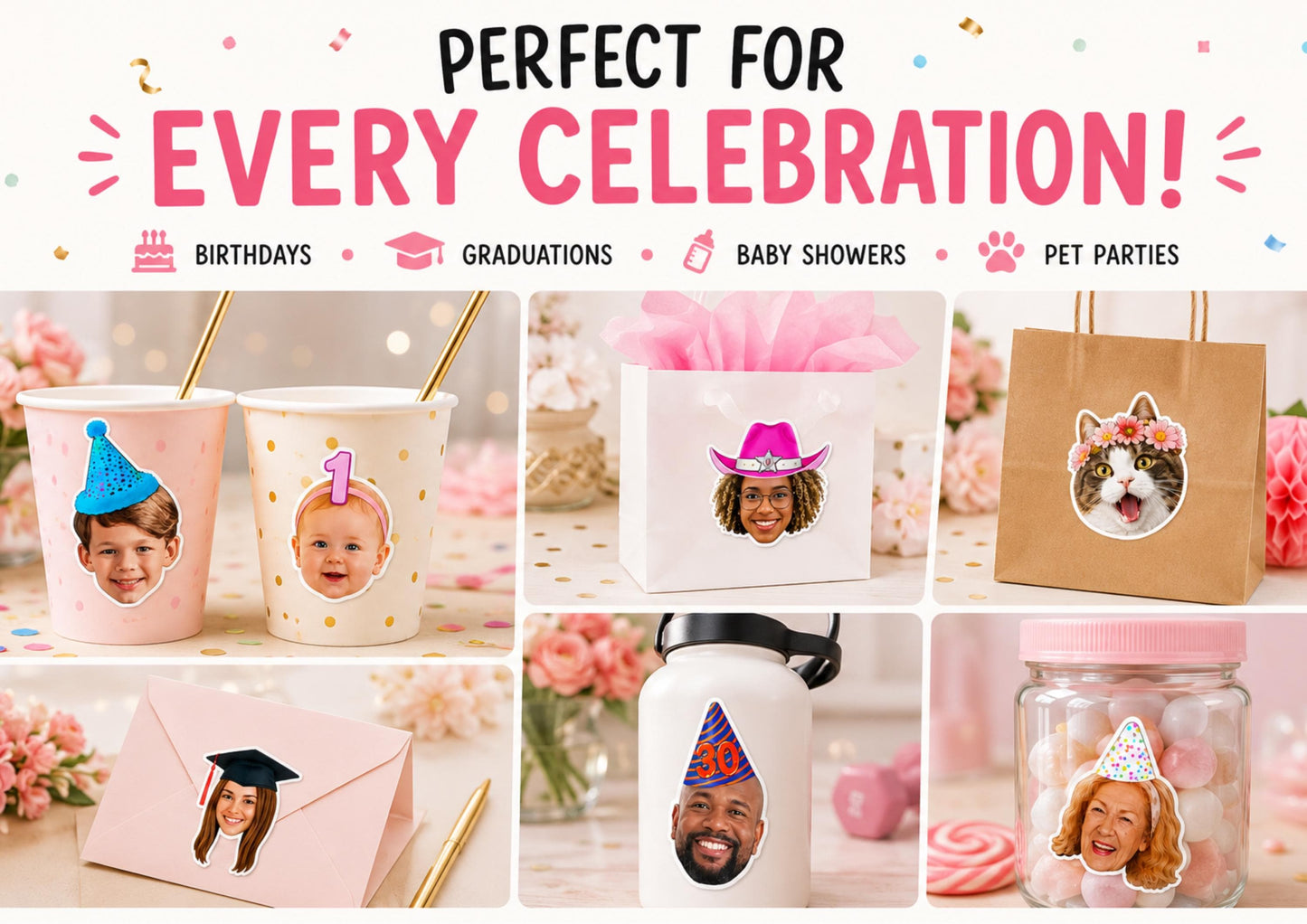 Lifestyle collage showing custom face stickers used for different celebrations. The heading reads "Perfect for Every Celebration!" with occasions including birthdays, graduations, baby showers, and pet parties. The stickers are displayed on party cups, a gift bag, a shopping bag, an envelope, a reusable water bottle, and a sweet jar. Designs feature children, adults, graduates, pets, milestone ages, and themed accessories.