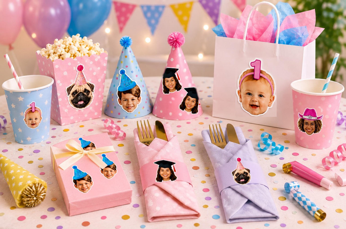Pastel party table styled with personalised face stickers used on party accessories and favours. Stickers are attached to paper cups, party hats, gift bags, wrapped cutlery in napkins, gift boxes and popcorn containers. The scene includes pink and blue decorations, balloons, confetti and curling ribbons, showing creative ways custom face stickers can be used for birthdays, baby showers, graduations and other celebrations without placing them directly on food or plates.