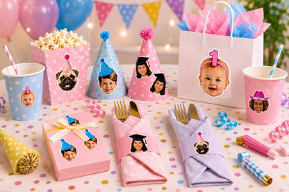 Pastel party table styled with personalised face stickers used on party accessories and favours. Stickers are attached to paper cups, party hats, gift bags, wrapped cutlery in napkins, gift boxes and popcorn containers. The scene includes pink and blue decorations, balloons, confetti and curling ribbons, showing creative ways custom face stickers can be used for birthdays, baby showers, graduations and other celebrations without placing them directly on food or plates.