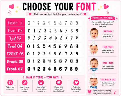 Custom text guide showing font choices for personalised banners. Includes options for names, ages, messages, hats, accessories, colours and different customisation styles for personalised face cut-outs and party decorations.