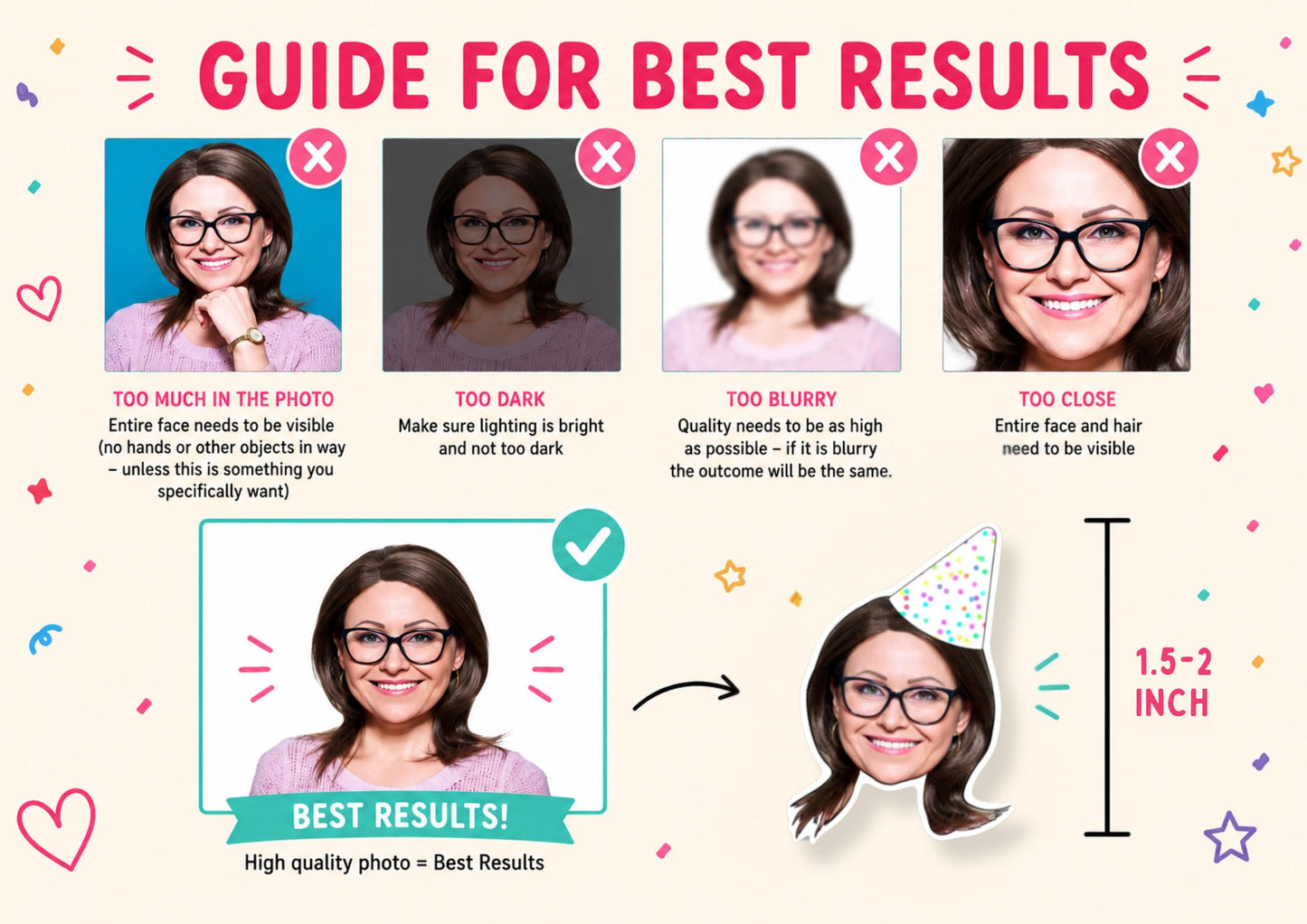 Guide for Best Results – Custom Face Confetti. Shows good vs bad photo quality, tips for sending images for personalisation, and final confetti examples. Ideal for weddings, birthdays, hen parties, and celebrations.