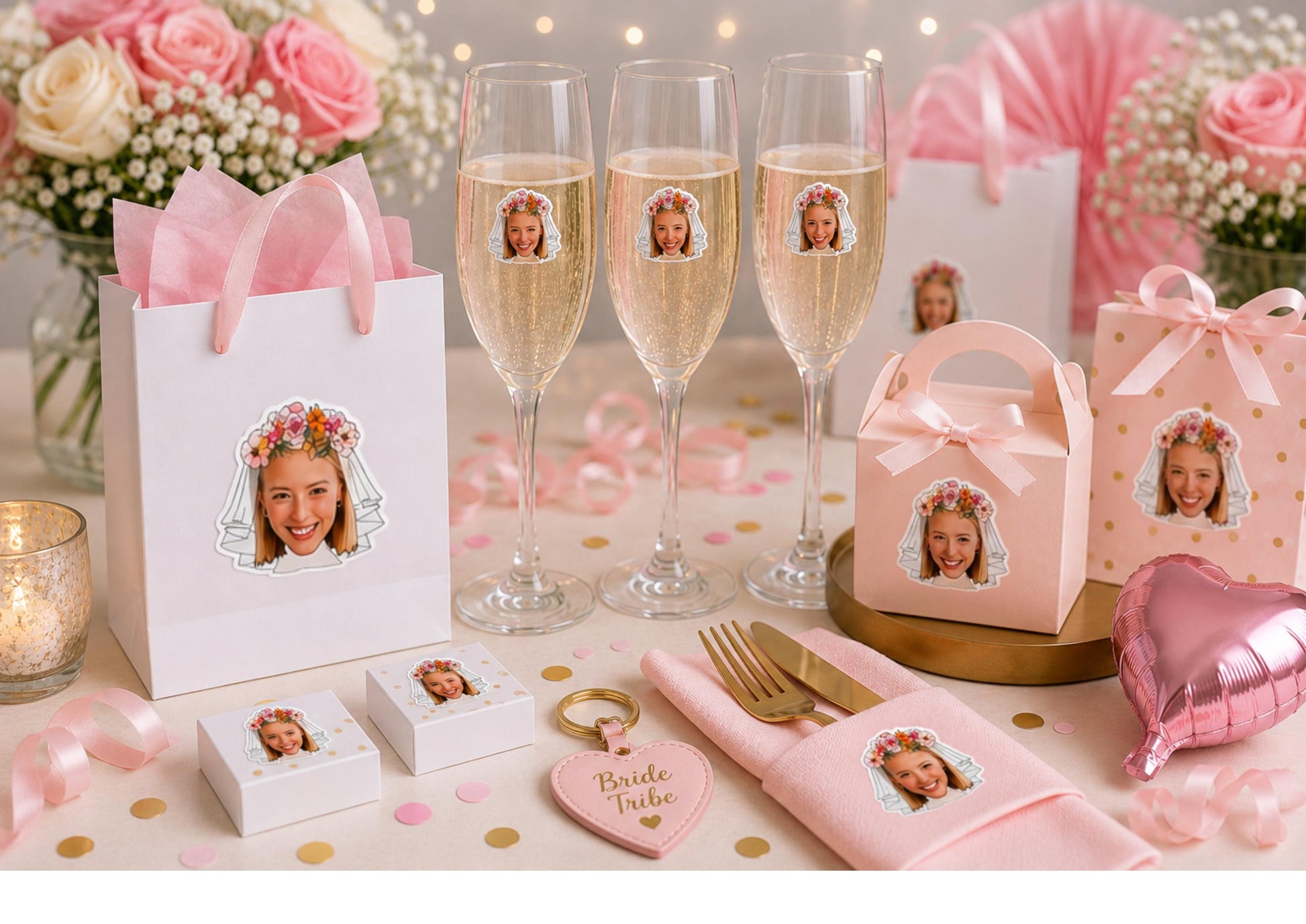 Elegant bridal shower scene featuring personalised photo stickers with a floral crown and veil design. Small bride stickers decorate champagne flutes, gift bags, favour boxes, a pink napkin wrapped around gold cutlery, and keepsake packaging. The pastel pink and white display includes roses, ribbon, confetti, soft fairy lights, and a heart-shaped "Bride Tribe" keyring, showcasing creative ways to use custom face stickers at hen parties and bridal celebrations.