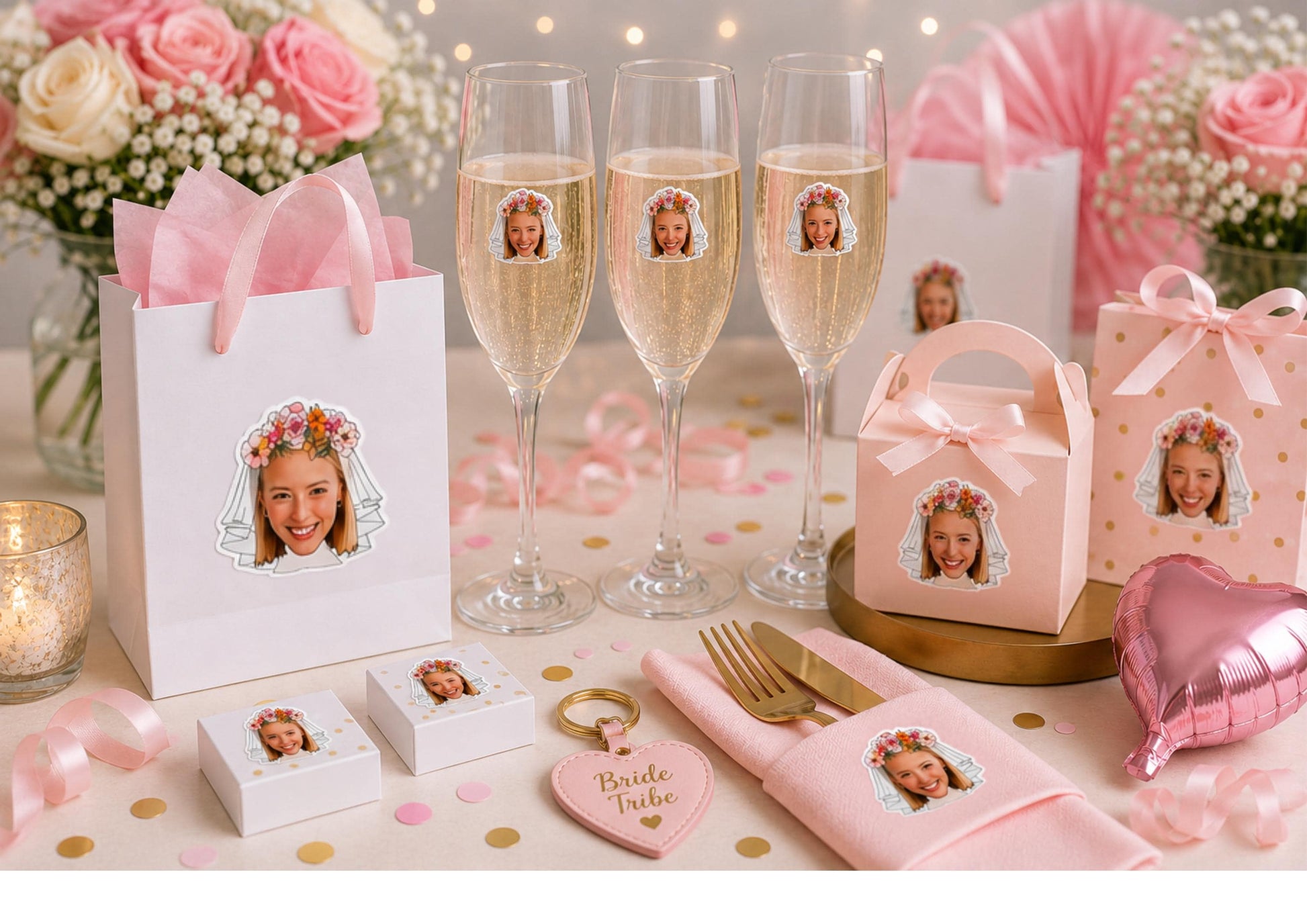 Elegant bridal shower scene featuring personalised photo stickers with a floral crown and veil design. Small bride stickers decorate champagne flutes, gift bags, favour boxes, a pink napkin wrapped around gold cutlery, and keepsake packaging. The pastel pink and white display includes roses, ribbon, confetti, soft fairy lights, and a heart-shaped "Bride Tribe" keyring, showcasing creative ways to use custom face stickers at hen parties and bridal celebrations.