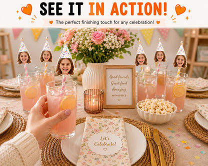 Lifestyle party table setting featuring personalised face straws displayed in pink lemonade drinks. Custom photo drink toppers with party hats are shown around a beautifully decorated celebration table with flowers, confetti, candles, popcorn, and place settings. A hand holds a drink in the foreground, demonstrating the size and appearance of the personalised face straws in use at birthdays, parties, and special events.