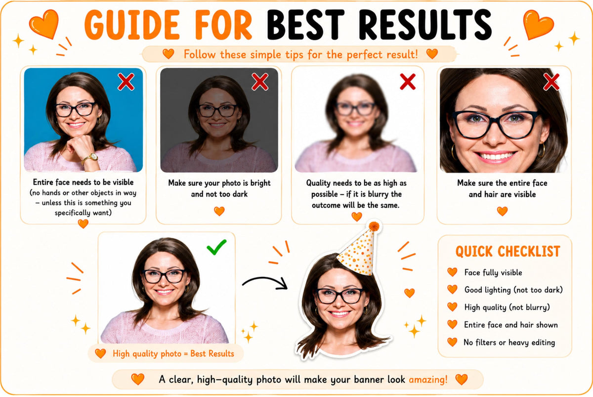 Photo submission guide for personalised face straws showing examples of ideal and unsuitable images. Demonstrates clear, front-facing photos with good lighting and image quality. Includes tips for achieving the best custom face cut-out results for party decorations.