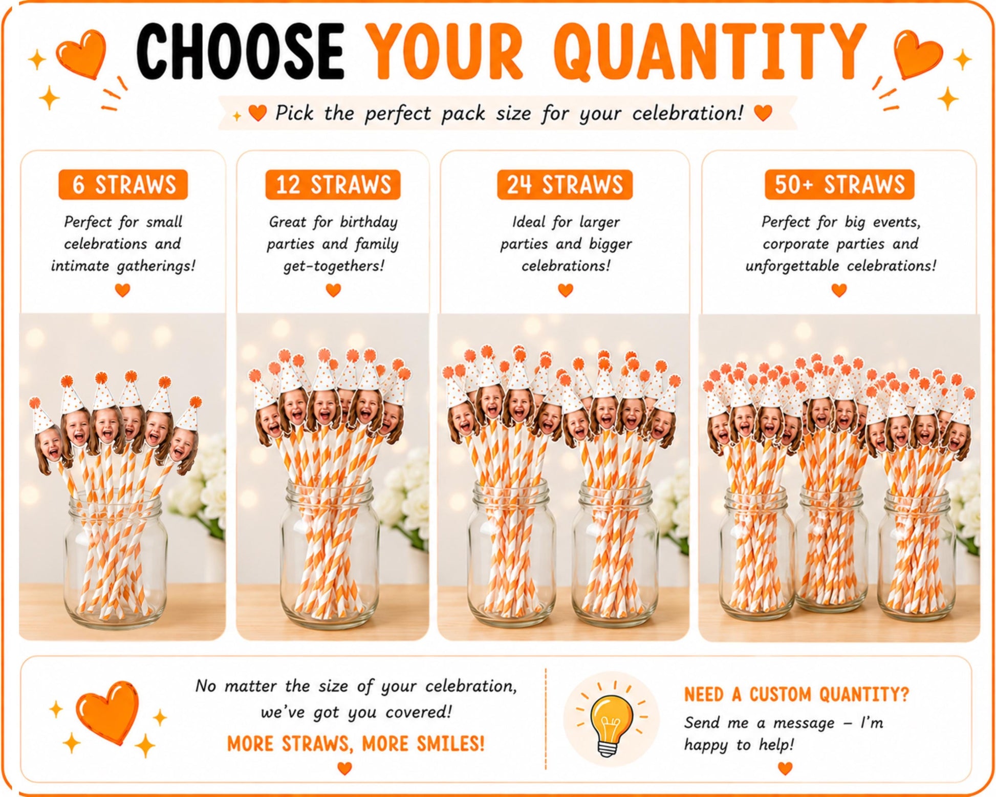 Custom face straw quantity guide showing available pack sizes including 6, 12, 24, and 50+ personalised photo straws. Visual examples display different quantities with custom face toppers attached to striped paper straws. Includes recommendations for small gatherings, birthdays, large celebrations, corporate events, and custom quantity requests. Perfect for personalised party decorations and photo drink accessories.