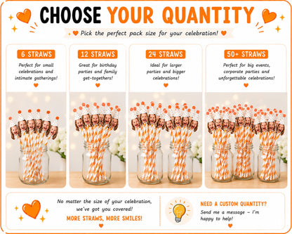 Custom face straw quantity guide showing available pack sizes including 6, 12, 24, and 50+ personalised photo straws. Visual examples display different quantities with custom face toppers attached to striped paper straws. Includes recommendations for small gatherings, birthdays, large celebrations, corporate events, and custom quantity requests. Perfect for personalised party decorations and photo drink accessories.