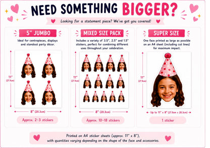 Custom face sticker size guide showing 5" Jumbo (2–3 stickers), Mixed Size Pack (10–18 stickers) and Super Size (1 large sticker). Each option is displayed on an A4 sticker sheet with dimensions, quantities and suggested uses for party decorations and displays.