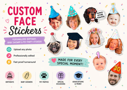 Promotional listing image for custom face stickers on a cream background with colourful confetti. It features a variety of personalised sticker designs for birthdays, baby showers, pet parties, graduations, weddings, and milestone celebrations. Text highlights uploading any photo, professional editing, and fast proof turnaround. Icons along the bottom represent different occasions, with the message "Made for Every Special Moment!" displayed in the centre.