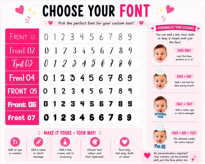 Choose Your Font guide showing seven font options for custom face stickers. Includes examples of face-only stickers, stickers with hats, text, or both. Personalisation options include names, ages, messages, colours, fonts, crowns, veils and party accessories.