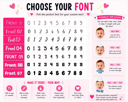 Choose Your Font guide showing seven font options for custom face stickers. Includes examples of face-only stickers, stickers with hats, text, or both. Personalisation options include names, ages, messages, colours, fonts, crowns, veils and party accessories.