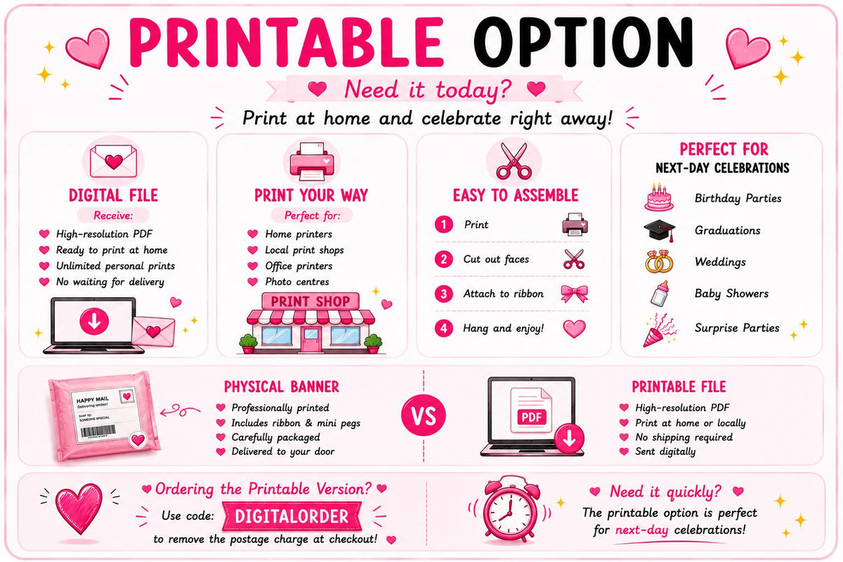 Printable photo banner guide explaining the digital download option. Shows printing and assembly instructions, printable versus physical banners, next-day celebration ideas and how to use code DIGITALORDER to remove postage charges on printable orders.