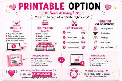 Printable photo banner guide explaining the digital download option. Shows printing and assembly instructions, printable versus physical banners, next-day celebration ideas and how to use code DIGITALORDER to remove postage charges on printable orders.