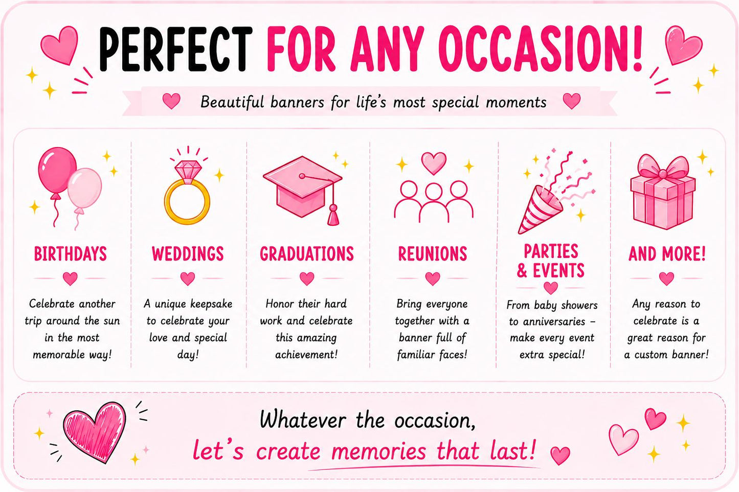 Personalised photo banner inspiration guide featuring birthdays, weddings, graduations, reunions, retirements, baby showers, office parties and special events. Shows how custom face banners can add fun, laughter and memorable moments to any celebration.
