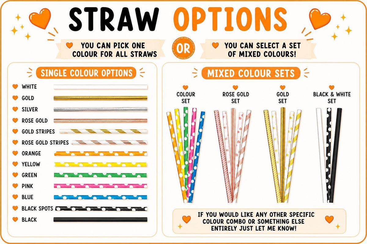 Paper straw colour selection guide featuring white, gold stripe, silver stripe, pink stripe, blue stripe, black stripe and mixed colour options. Shows available straw styles for personalised face toppers and custom photo drink decorations for parties and celebrations.