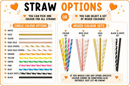Paper straw colour selection guide featuring white, gold stripe, silver stripe, pink stripe, blue stripe, black stripe and mixed colour options. Shows available straw styles for personalised face toppers and custom photo drink decorations for parties and celebrations.