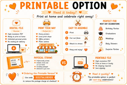 Digital printable custom face straw option guide explaining how customers can print and assemble their own personalised party straws at home. Includes download process, assembly instructions, mock-up approval information, and benefits of choosing a printable version.