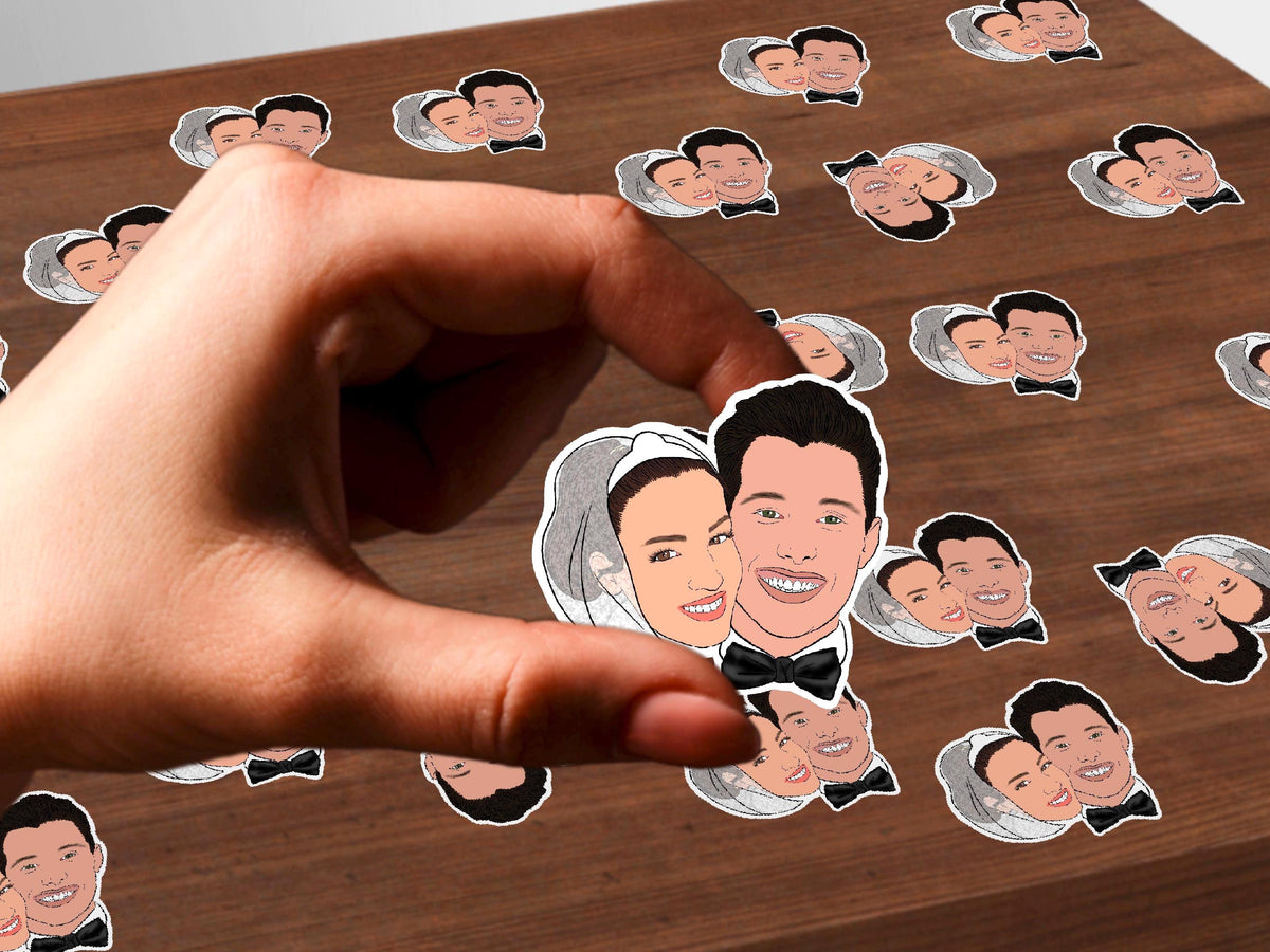 Personalised wedding confetti featuring illustrated bride and groom faces – custom cartoon couple design for table decor, celebrations, and keepsakes. Perfect for adding a unique touch to your special day.
