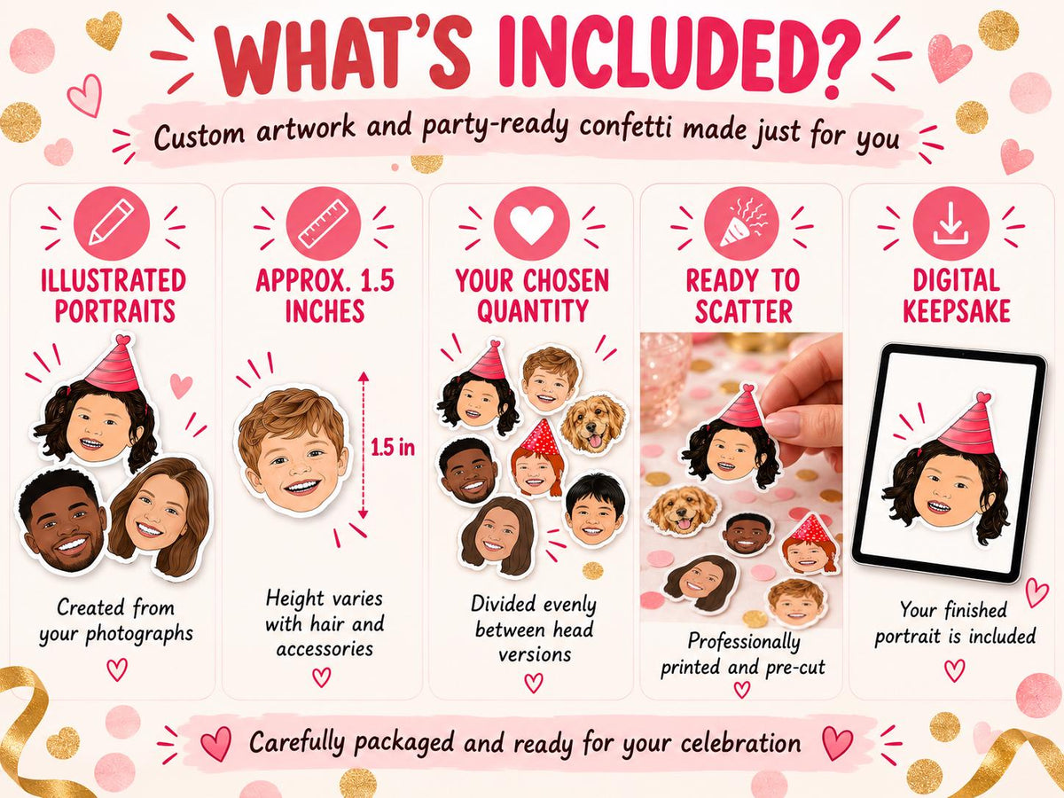 Custom Illustrated Face Confetti, Personalised Cartoon Portrait from Photo, Birthday, Wedding, Graduation & Pet Party Decorations