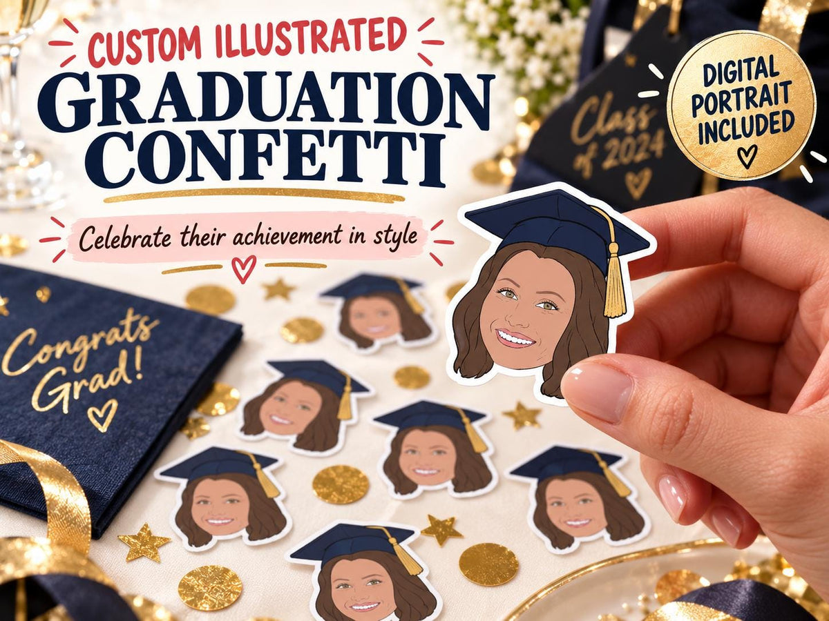 Custom Illustrated Graduation Confetti - Personalized Cartoon Portrait from Photo, Grad Party Table Decor & Keepsake Gift