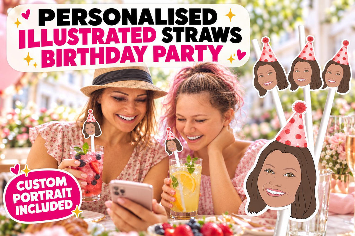 Personalised Illustrated Birthday Straws - Custom Portrait Drink Toppers, Funny Face Photo Party Decorations & Cake Decor