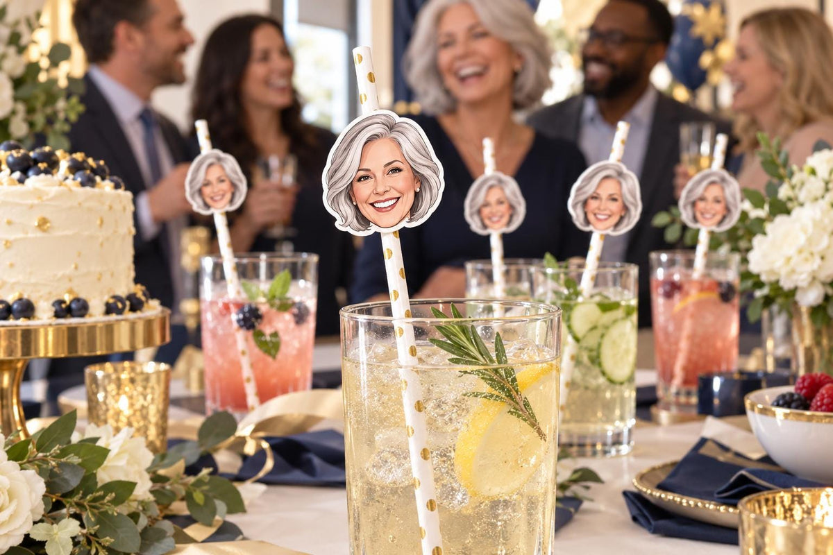 Personalised Wedding Straws with Custom Bride and Groom Portrait Toppers - Illustrated Couple Face Drink Decor