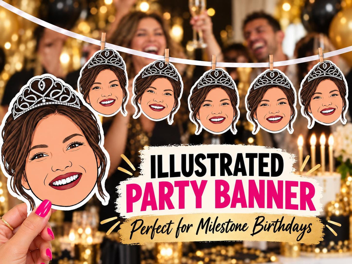 Personalised Hen Party Banner with Custom Bride Face Illustration - Funny Bridal Bunting Decoration