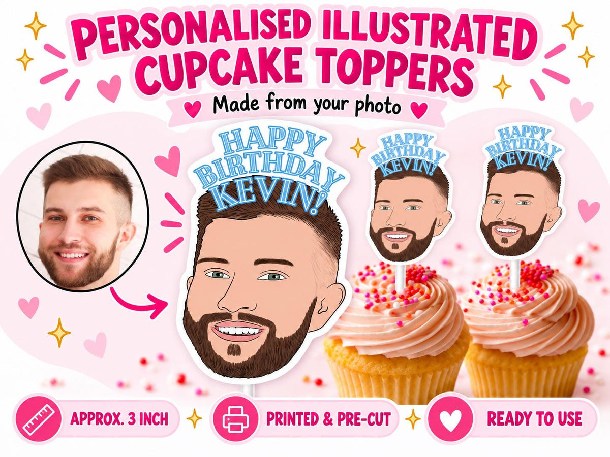 Personalised Birthday Cupcake Toppers - Custom Illustrated Face Party Decorations, Funny Cartoon Portrait Milestone Gift