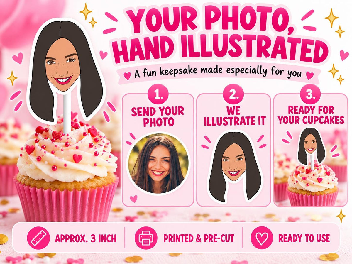 Personalised Birthday Cupcake Toppers - Custom Illustrated Face Party Decorations, Funny Cartoon Portrait Milestone Gift