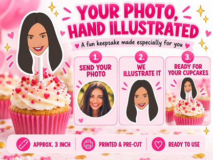 Personalised Birthday Cupcake Toppers - Custom Illustrated Face Party Decorations, Funny Cartoon Portrait Milestone Gift