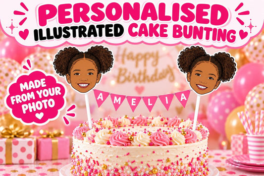 Personalised Birthday Cake Bunting with Illustrated Face and Custom Name Topper - Unique Kids Party Decor