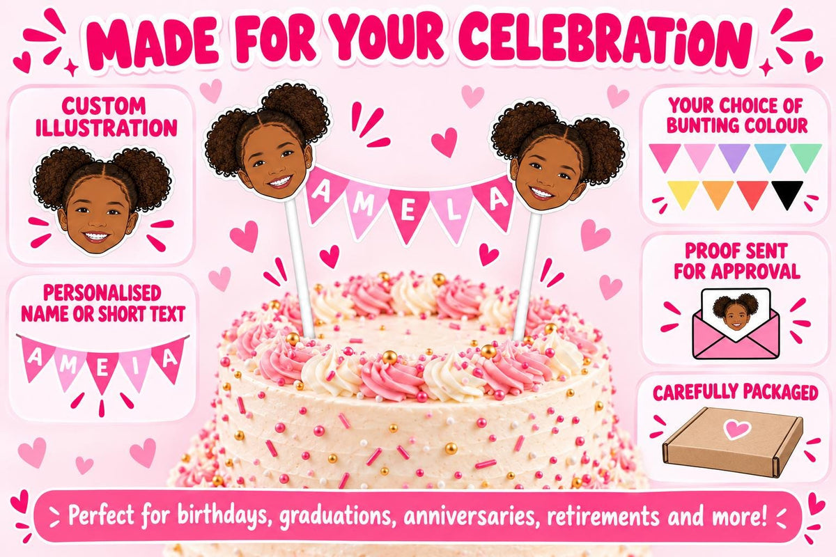 Personalised Birthday Cake Bunting with Illustrated Face and Custom Name Topper - Unique Kids Party Decor