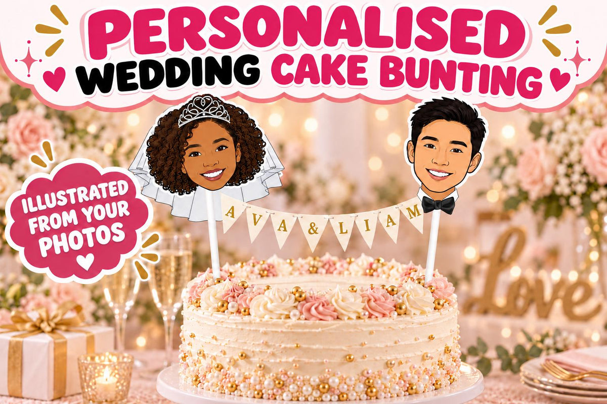 Personalised Wedding Cake Bunting - Custom Illustrated Couple Name Topper for Bride and Groom