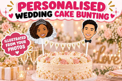 Personalised Wedding Cake Bunting - Custom Illustrated Couple Name Topper for Bride and Groom
